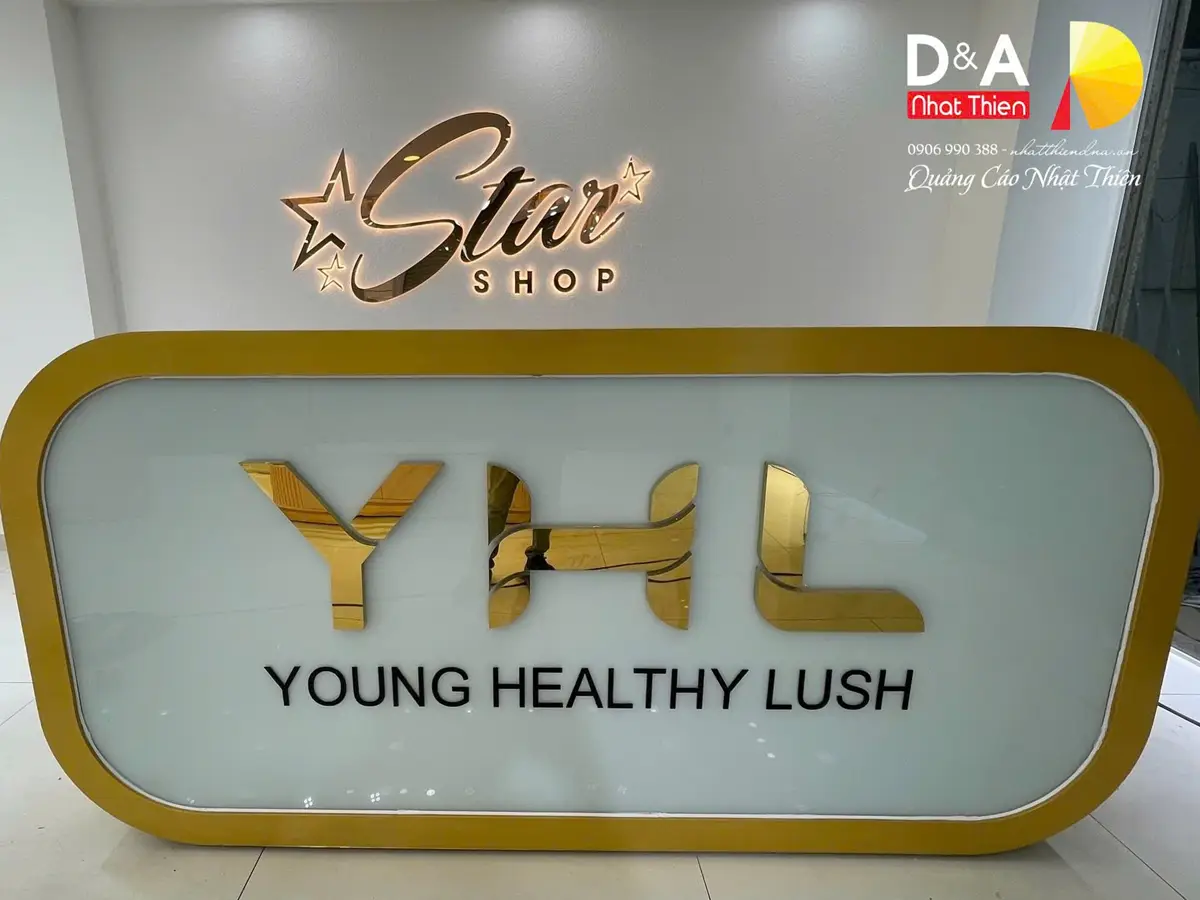 logo inox vàng hồng phối led cho showroom Star tại quận 10 TPHCM